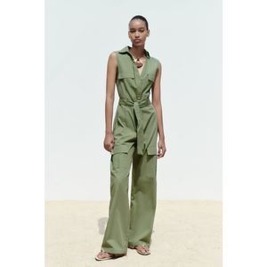 Zara STRAIGHT LEG CARGO JUMPSUIT in Olive Green Size M